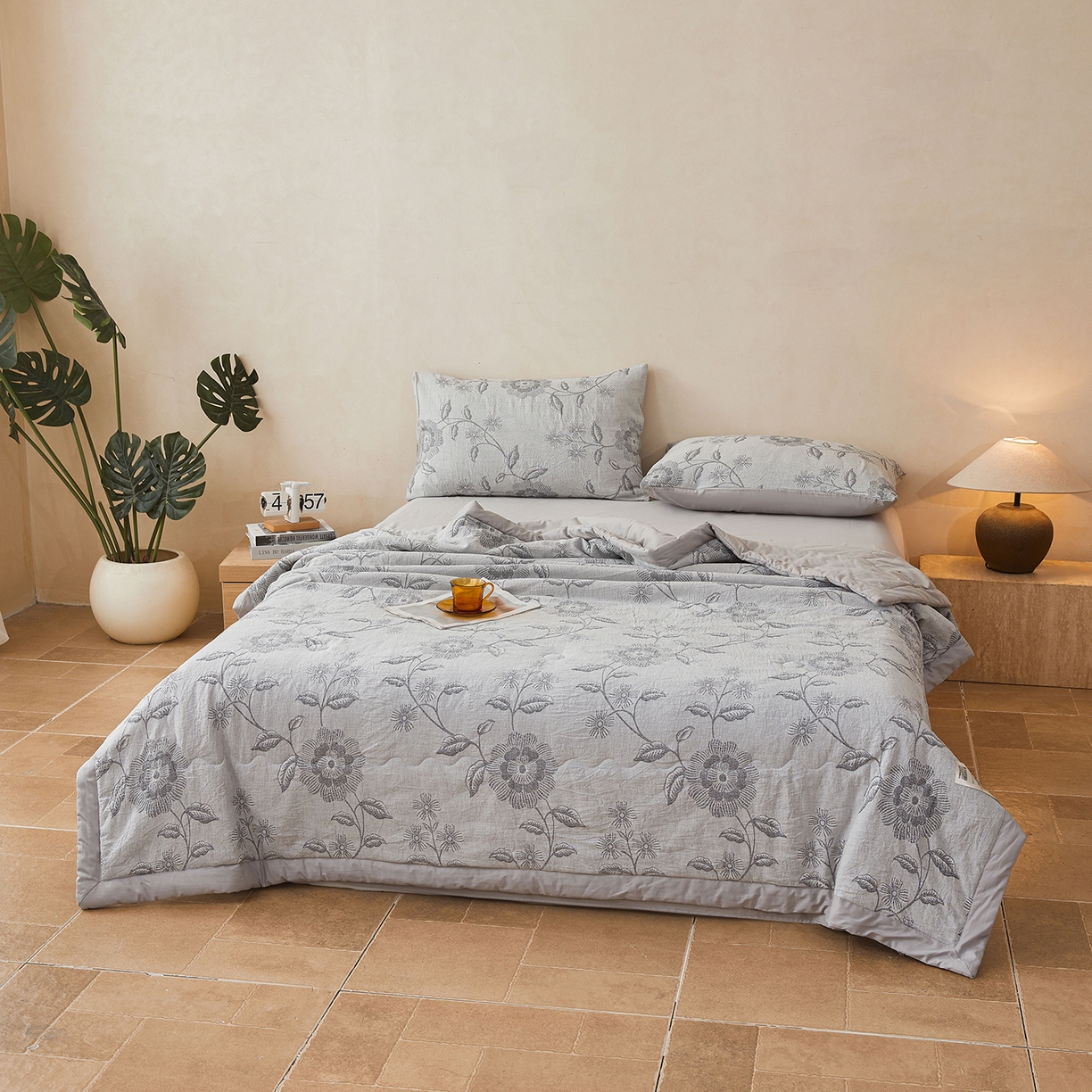 91家纺网 家纺一手货源 找家纺 乐家毛巾被（工厂自产自销） 2026新款全棉色织三层提花夏季大豆纤维被 叶影清风