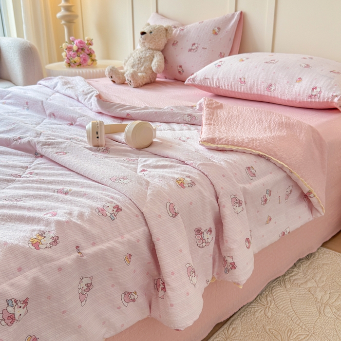 梦舒阳 2026新款泡芙棉夏被花边款泡芙纱夏凉被四件套空调被带小熊吊牌 粉猫猫
