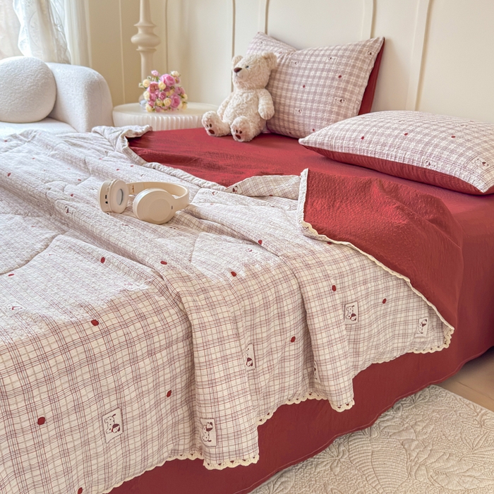 梦舒阳 2026新款泡芙棉夏被花边款泡芙纱夏凉被四件套空调被带小熊吊牌 格子狗
