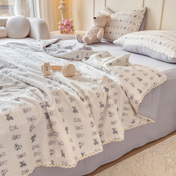 梦舒阳 2026新款泡芙棉夏被花边款泡芙纱夏凉被四件套空调被带小熊吊牌 灰灰狗