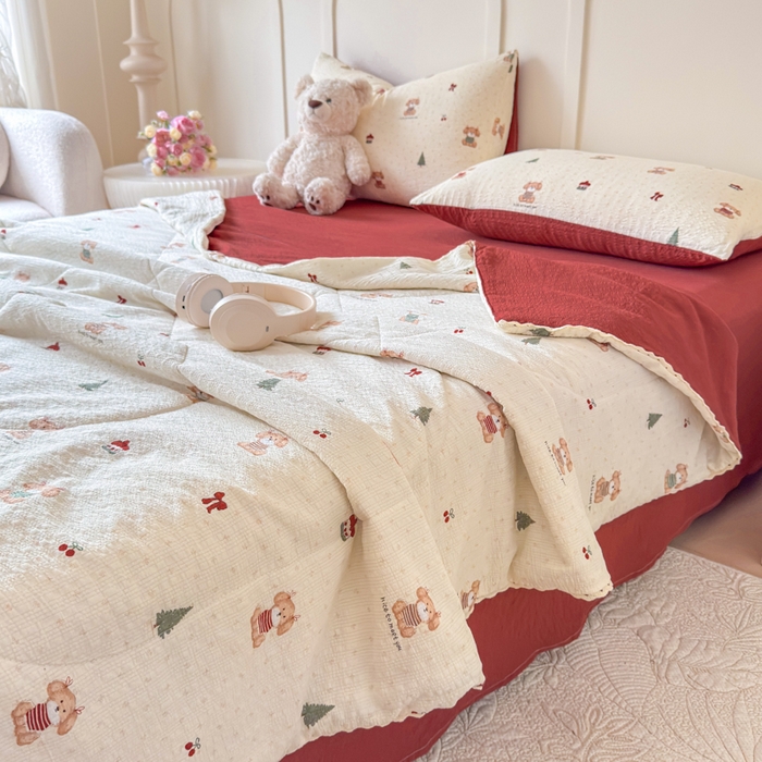 梦舒阳 2026新款泡芙棉夏被花边款泡芙纱夏凉被四件套空调被带小熊吊牌 开心狗