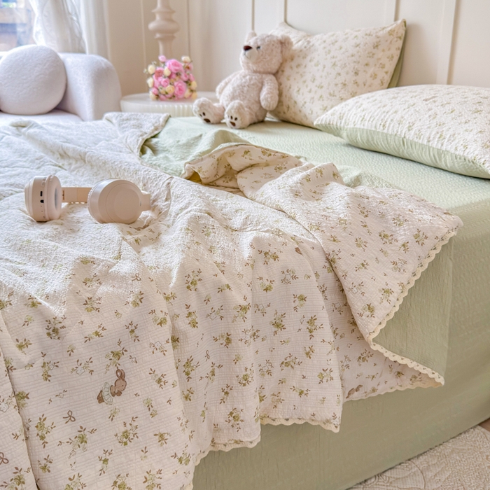 梦舒阳 2026新款泡芙棉夏被花边款泡芙纱夏凉被四件套空调被带小熊吊牌 绿叶