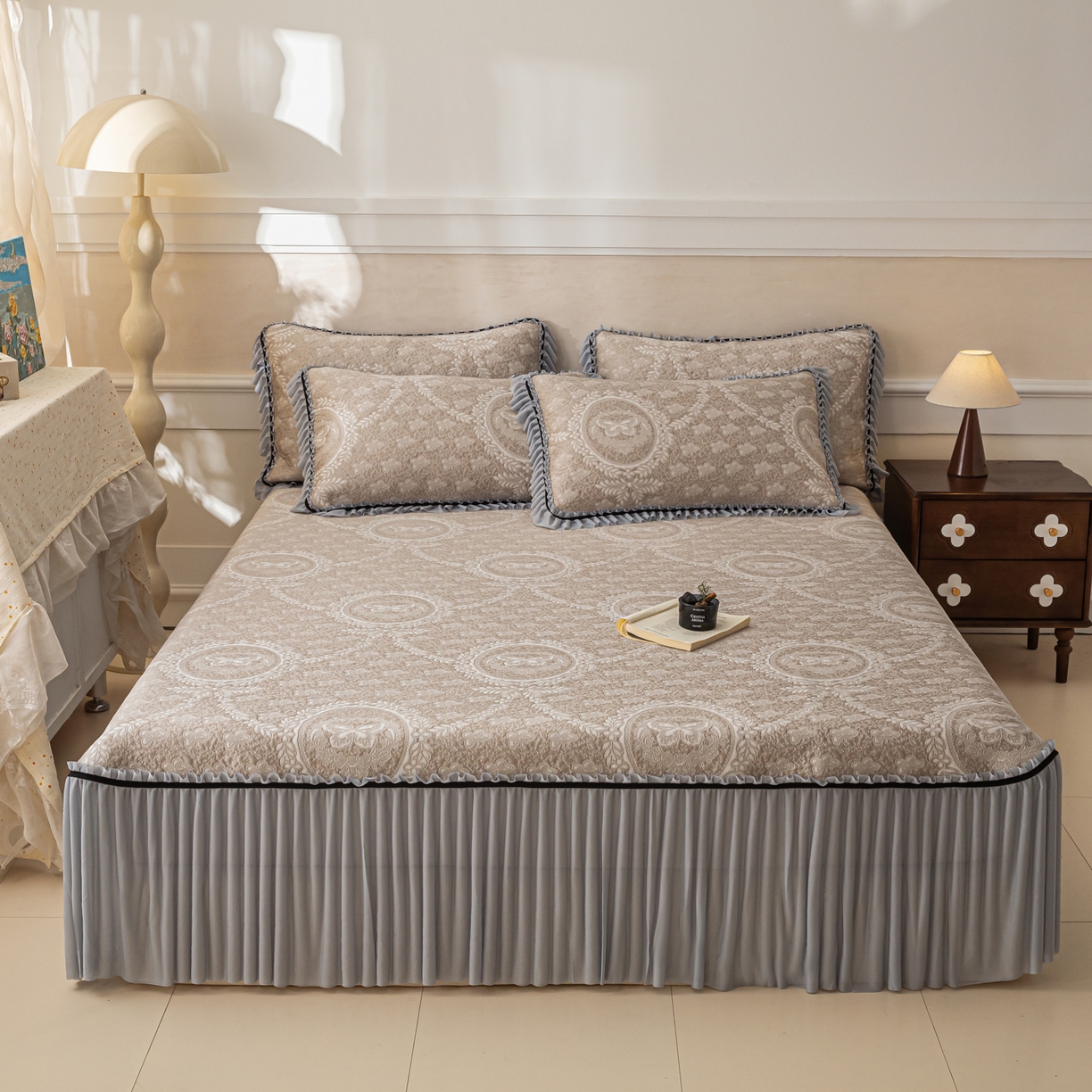 雅居纺家纺 2026新款花间蝶梦款凉感床裙凉席席子 花间蝶梦-卡其