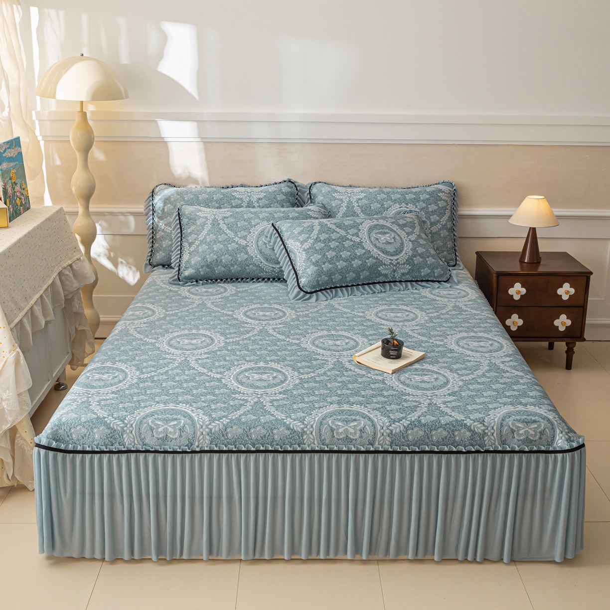 雅居纺家纺 2026新款花间蝶梦款凉感床裙凉席席子 花间蝶梦-蓝