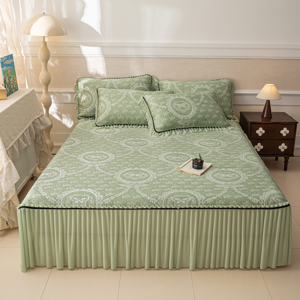 雅居纺家纺 2026新款花间蝶梦款凉感床裙凉席席子 花间蝶梦-绿