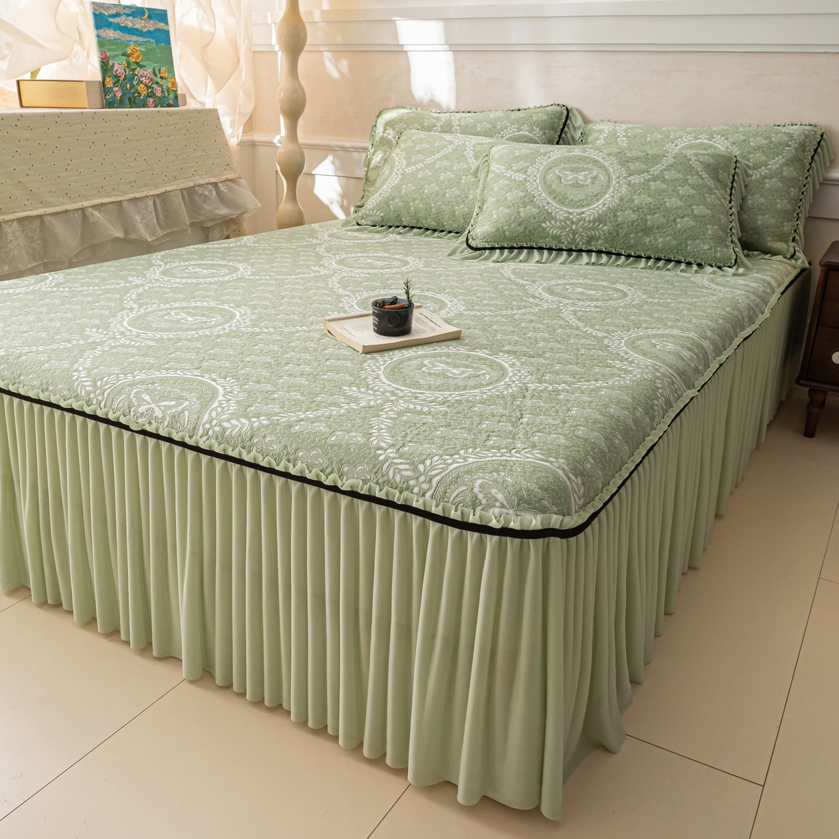 91家纺网 家纺一手货源 找家纺 雅居纺家纺 2026新款花间蝶梦款凉感床裙凉席席子 花间蝶梦-绿