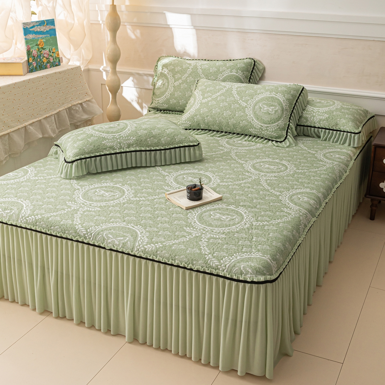 91家纺网 家纺一手货源 找家纺 雅居纺家纺 2026新款花间蝶梦款凉感床裙凉席席子 花间蝶梦-绿