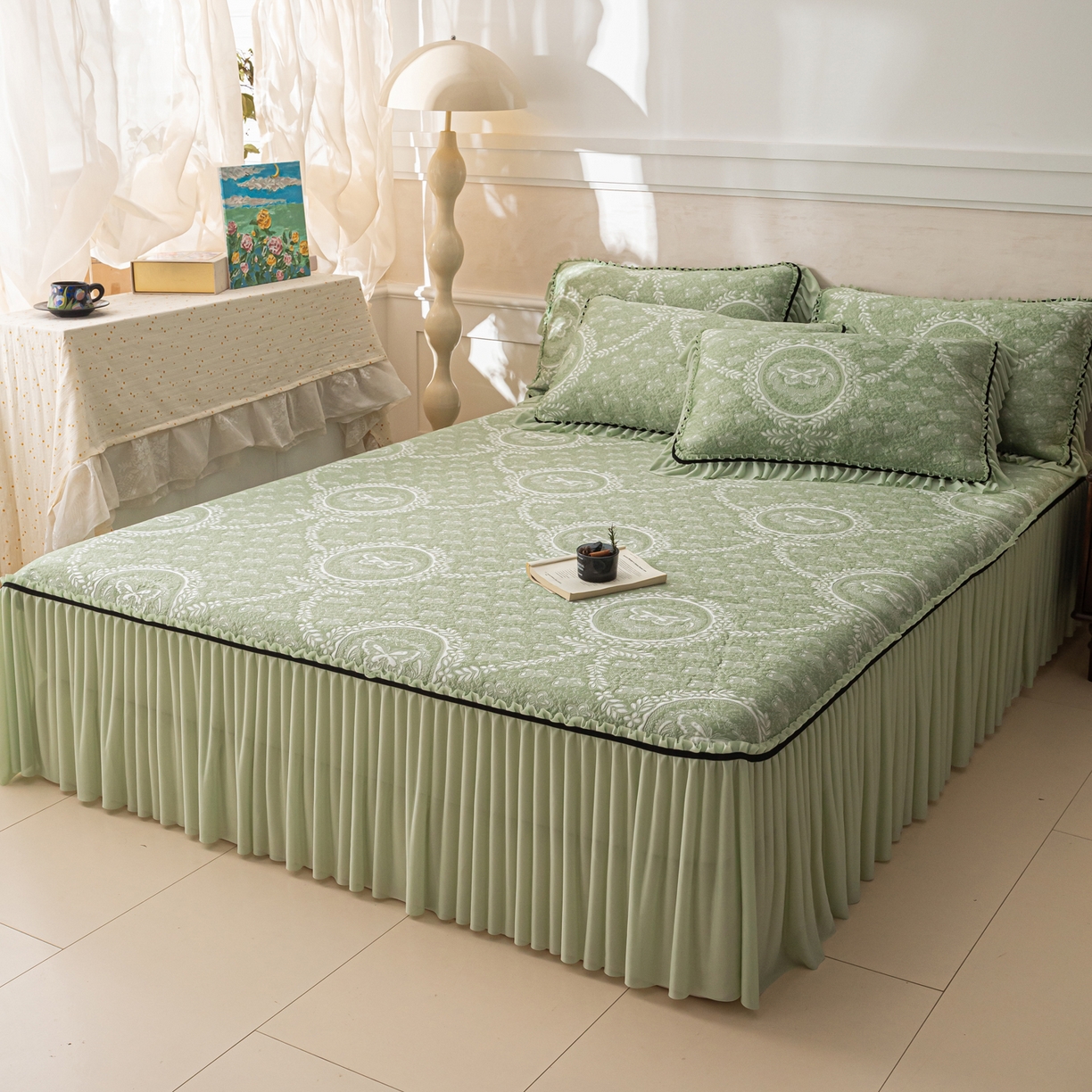 91家纺网 家纺一手货源 找家纺 雅居纺家纺 2026新款花间蝶梦款凉感床裙凉席席子 花间蝶梦-绿