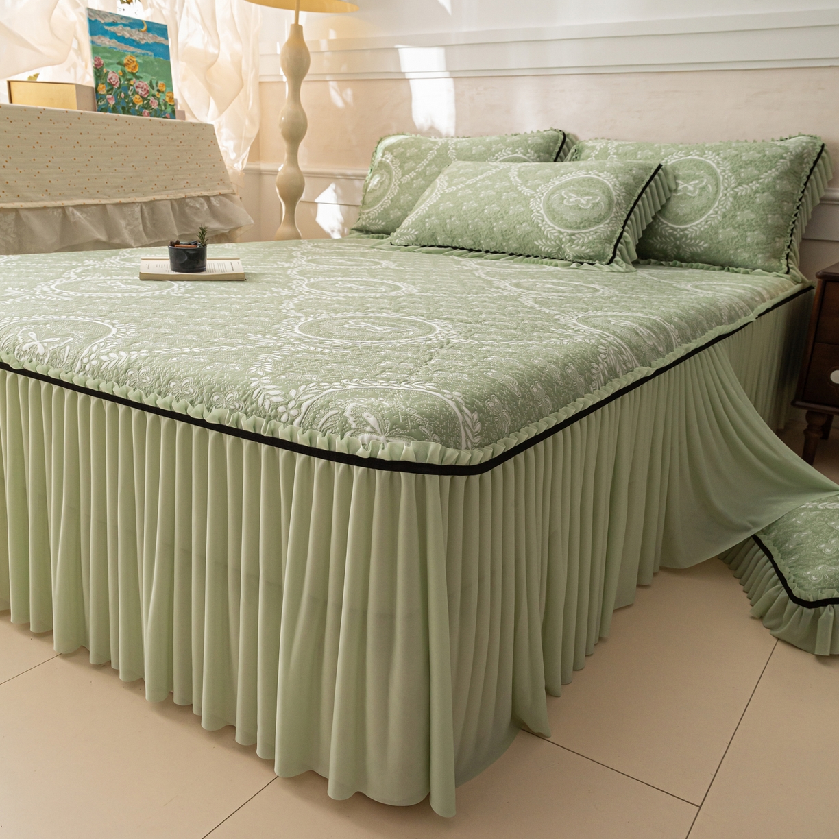 91家纺网 家纺一手货源 找家纺 雅居纺家纺 2026新款花间蝶梦款凉感床裙凉席席子 花间蝶梦-绿