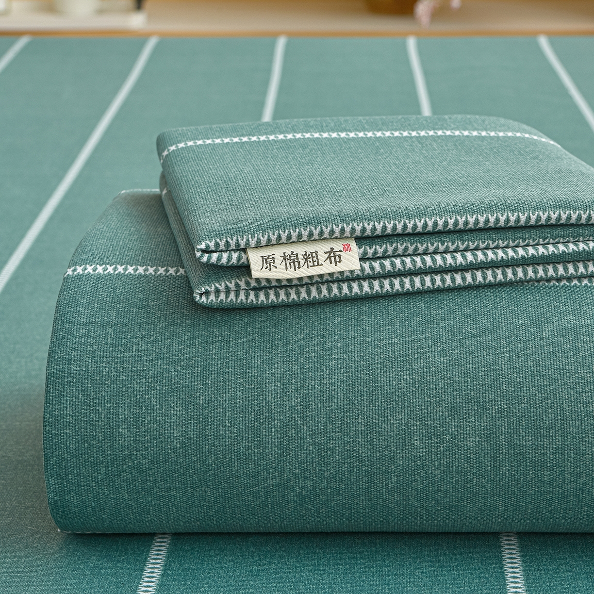 91家纺网 家纺一手货源 找家纺 曼尼 2026新款亲肤舒适原棉老粗布床单凉席三件套 初见