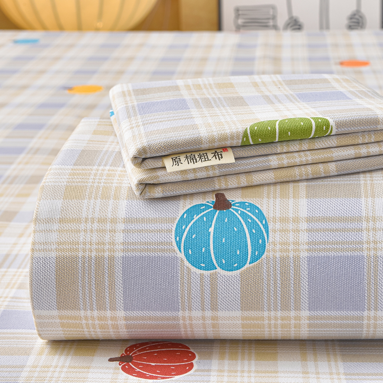 91家纺网 家纺一手货源 找家纺 曼尼 2026新款亲肤舒适原棉老粗布床单凉席三件套 小南瓜