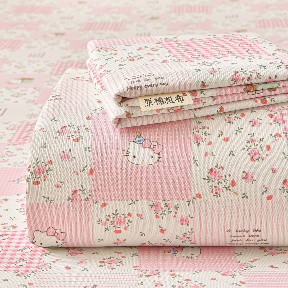 91家纺网 家纺一手货源 找家纺 曼尼 2026新款亲肤舒适原棉老粗布床单凉席三件套 KT猫