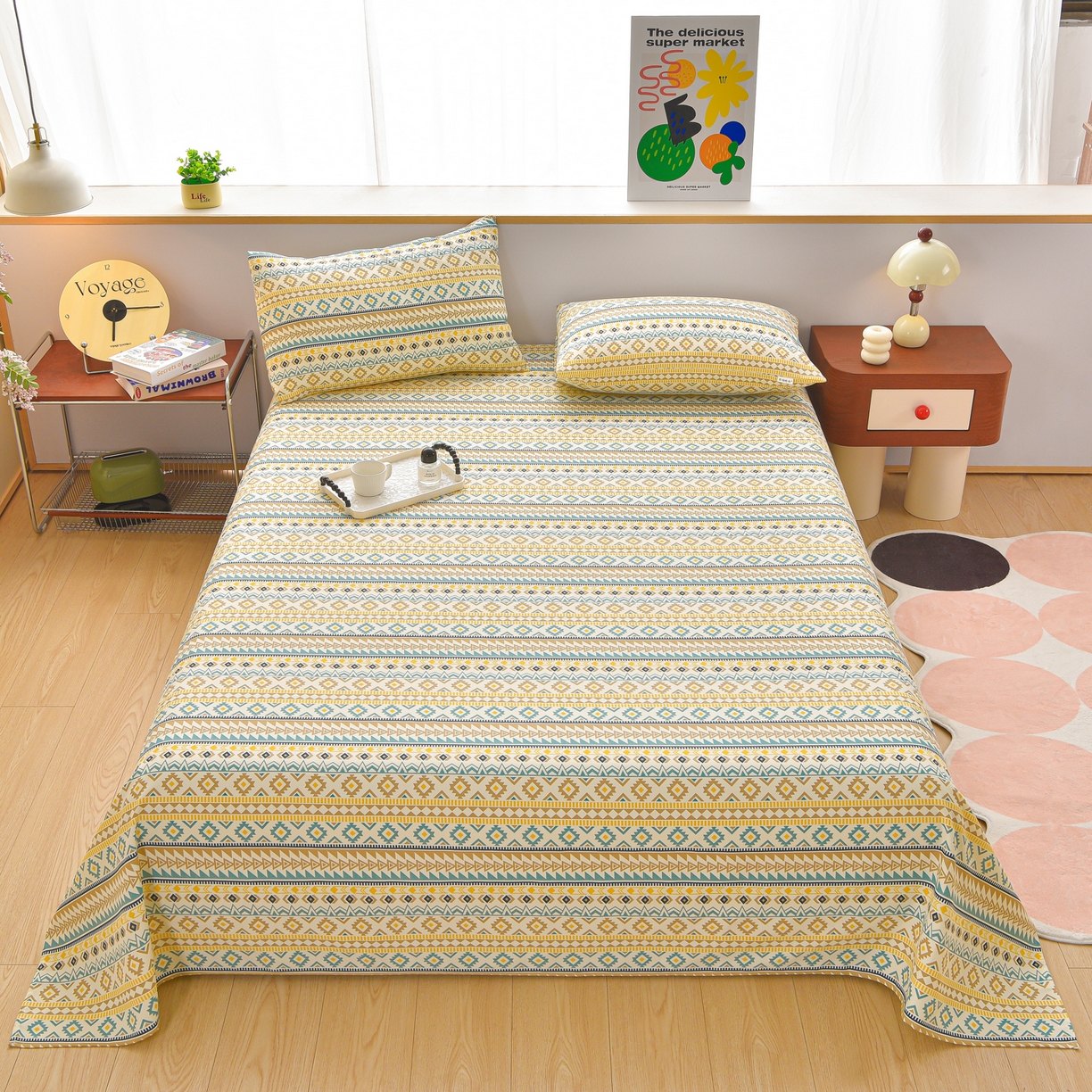 91家纺网 家纺一手货源 找家纺 曼尼 2026新款亲肤舒适原棉老粗布床单凉席三件套 摩洛哥