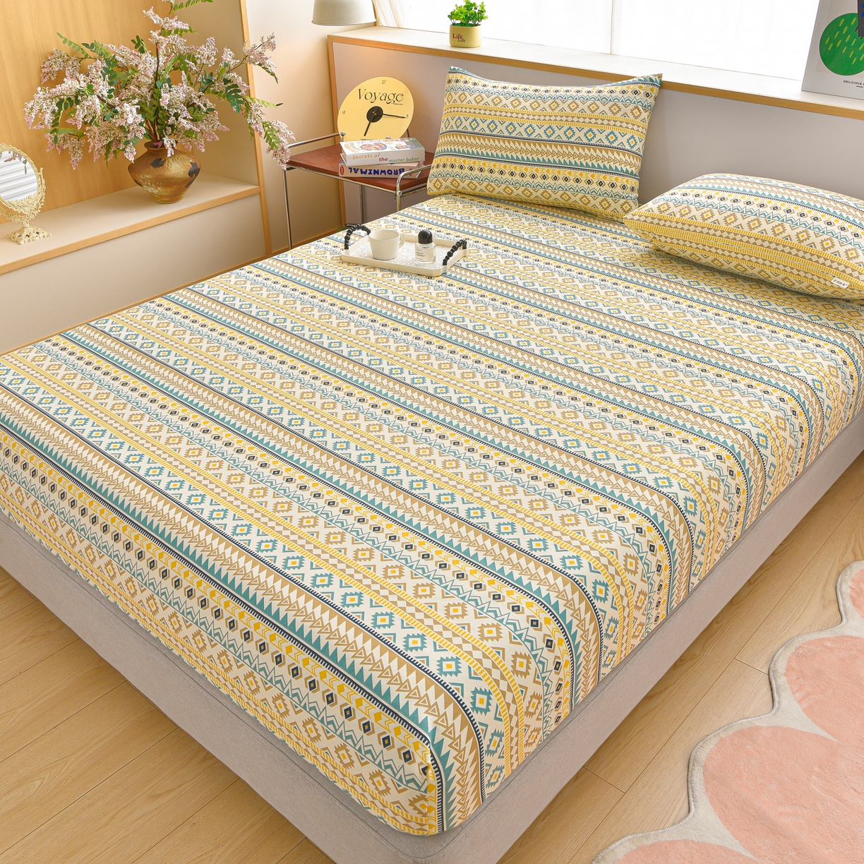 91家纺网 家纺一手货源 找家纺 曼尼 2026新款亲肤舒适原棉老粗布床单凉席三件套 摩洛哥