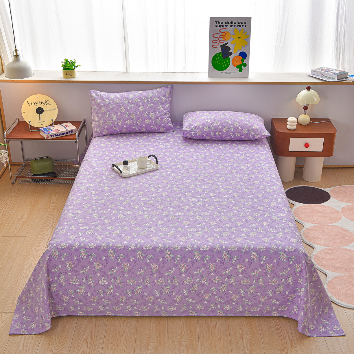 91家纺网 家纺一手货源 找家纺 曼尼 2026新款亲肤舒适原棉老粗布床单凉席三件套 紫罗兰