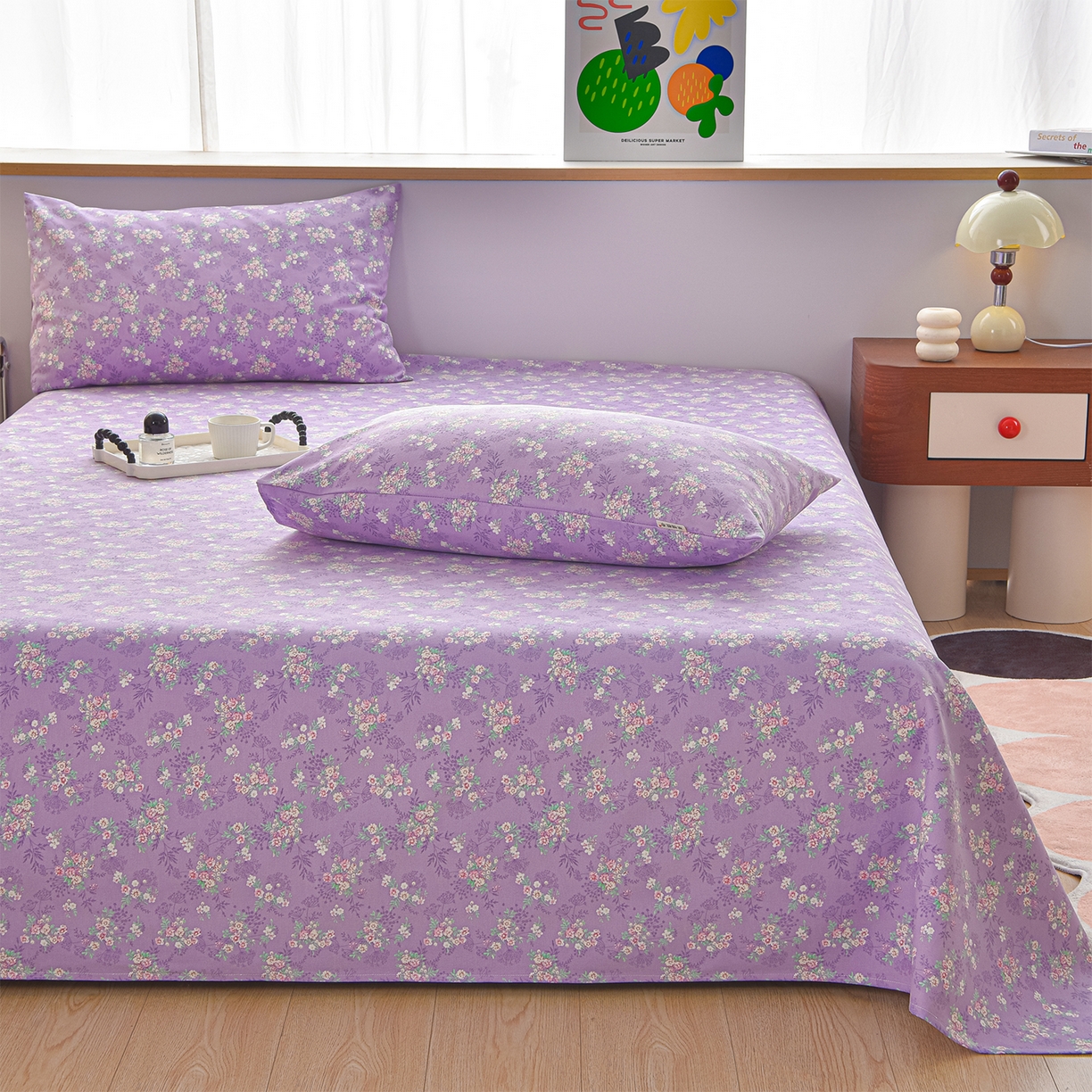 91家纺网 家纺一手货源 找家纺 曼尼 2026新款亲肤舒适原棉老粗布床单凉席三件套 紫罗兰