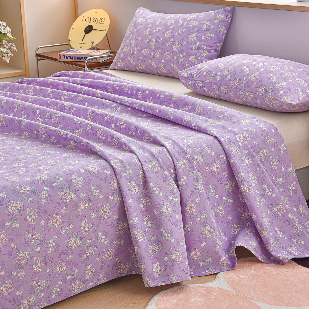 91家纺网 家纺一手货源 找家纺 曼尼 2026新款亲肤舒适原棉老粗布床单凉席三件套 紫罗兰