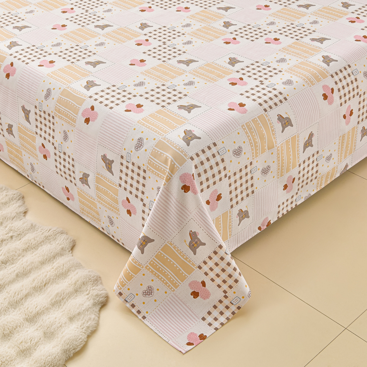 91家纺网 家纺一手货源 找家纺 曼尼 2026新款亲肤舒适原棉老粗布床单凉席三件套 爱心小马