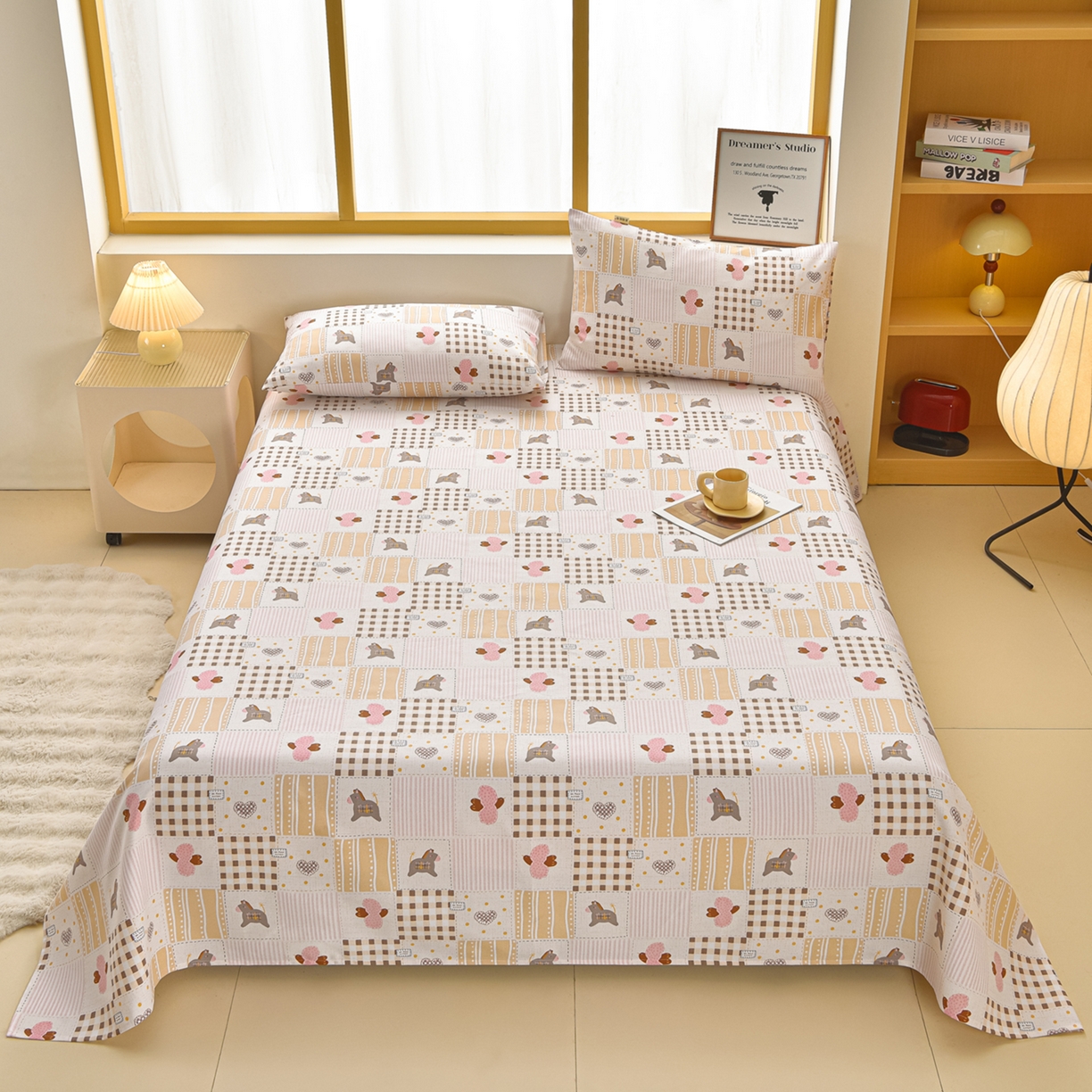 91家纺网 家纺一手货源 找家纺 曼尼 2026新款亲肤舒适原棉老粗布床单凉席三件套 爱心小马