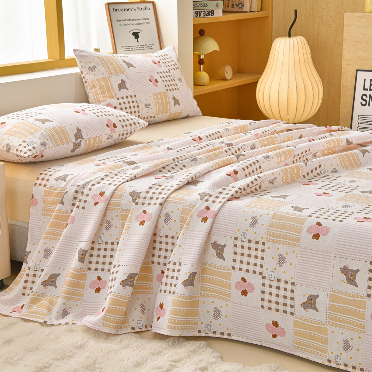 91家纺网 家纺一手货源 找家纺 曼尼 2026新款亲肤舒适原棉老粗布床单凉席三件套 爱心小马