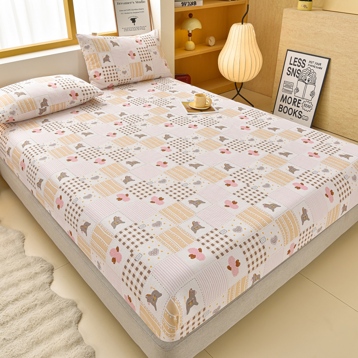 91家纺网 家纺一手货源 找家纺 曼尼 2026新款亲肤舒适原棉老粗布床单凉席三件套 爱心小马