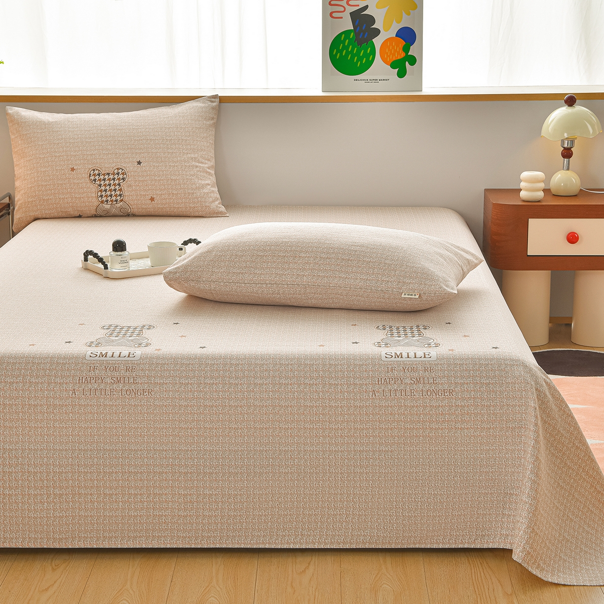 91家纺网 家纺一手货源 找家纺 曼尼 2026新款亲肤舒适原棉老粗布床单凉席三件套 暴力熊