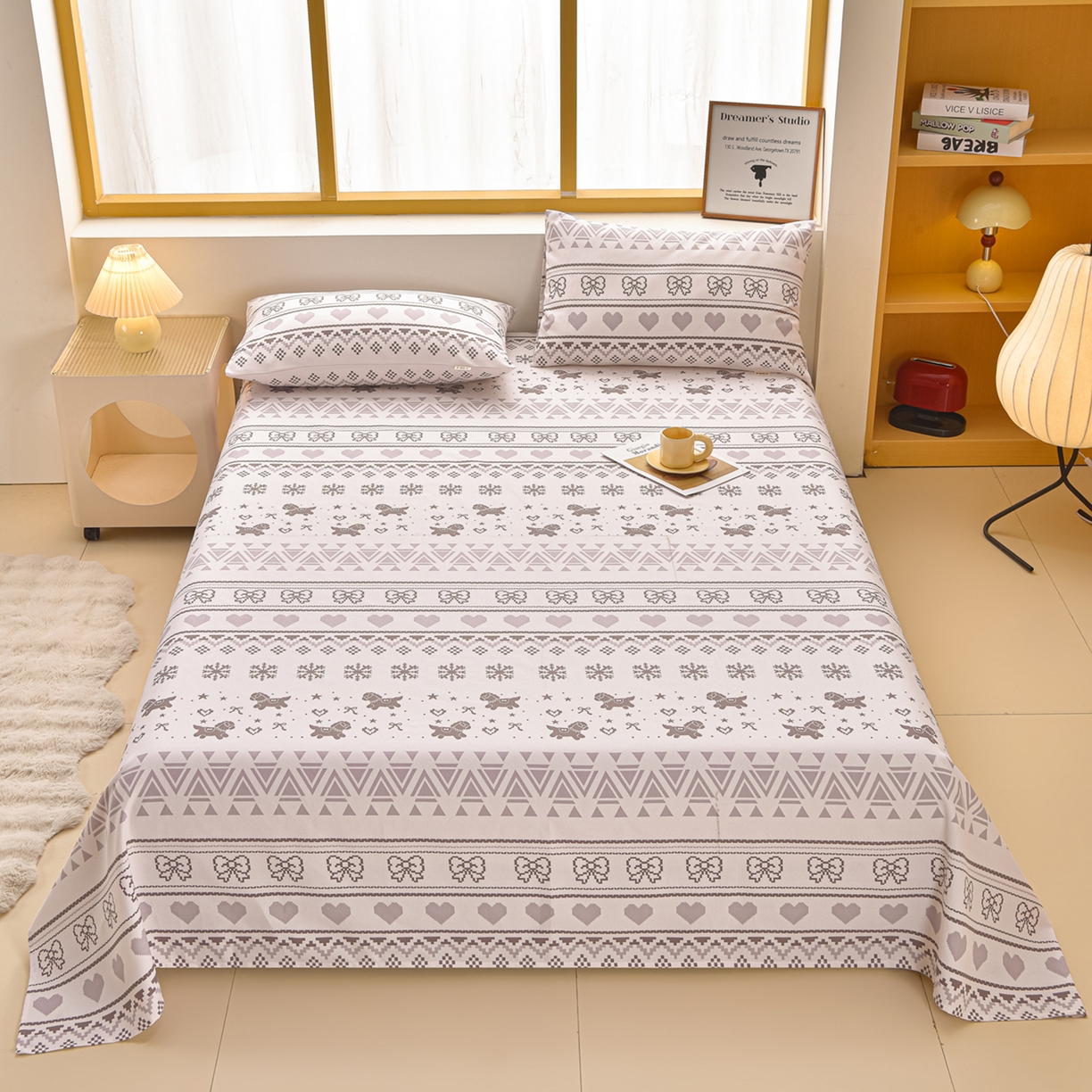 91家纺网 家纺一手货源 找家纺 曼尼 2026新款亲肤舒适原棉老粗布床单凉席三件套 北欧童话