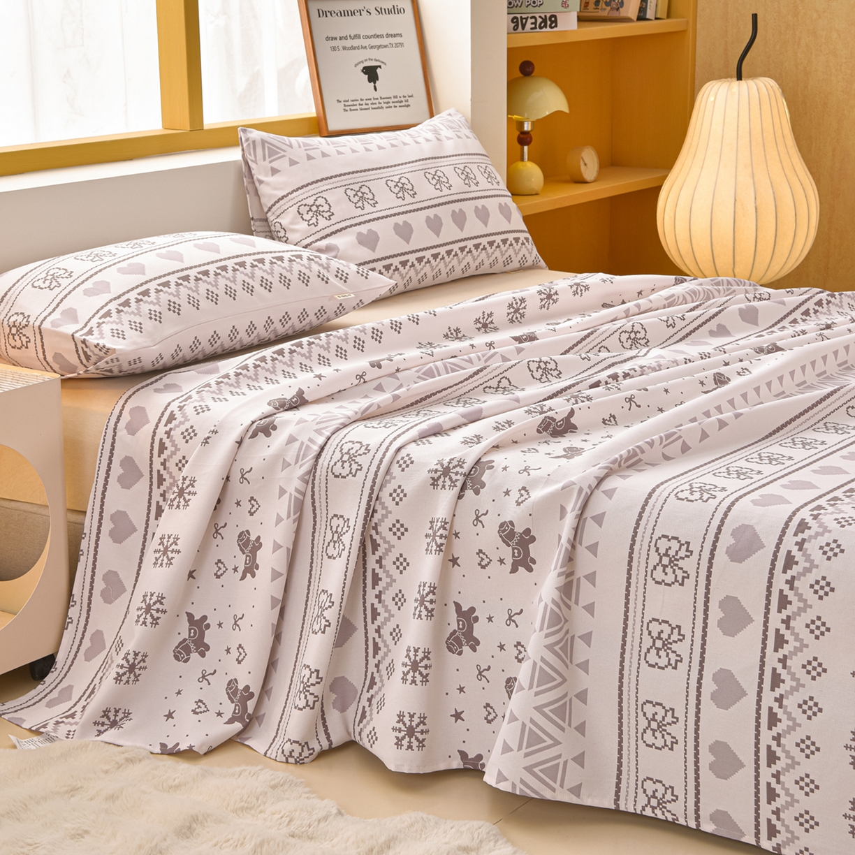 91家纺网 家纺一手货源 找家纺 曼尼 2026新款亲肤舒适原棉老粗布床单凉席三件套 北欧童话