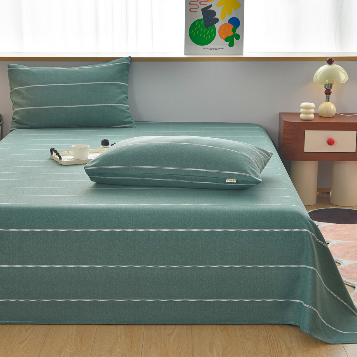 91家纺网 家纺一手货源 找家纺 曼尼 2026新款亲肤舒适原棉老粗布床单凉席三件套 初见