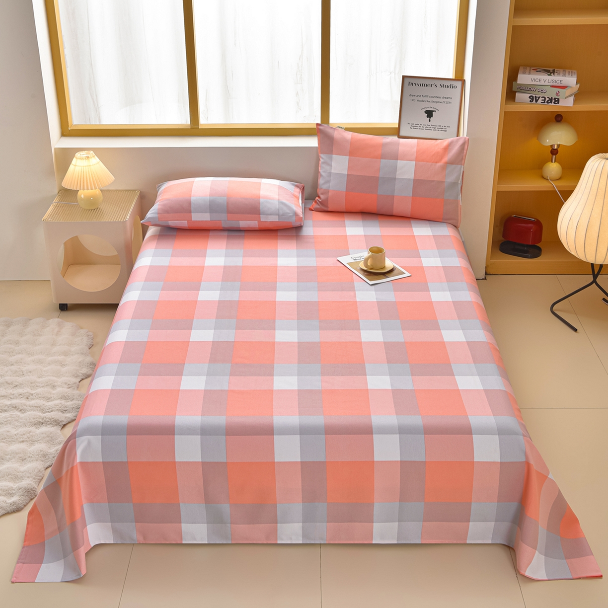 91家纺网 家纺一手货源 找家纺 曼尼 2026新款亲肤舒适原棉老粗布床单凉席三件套 粉大格