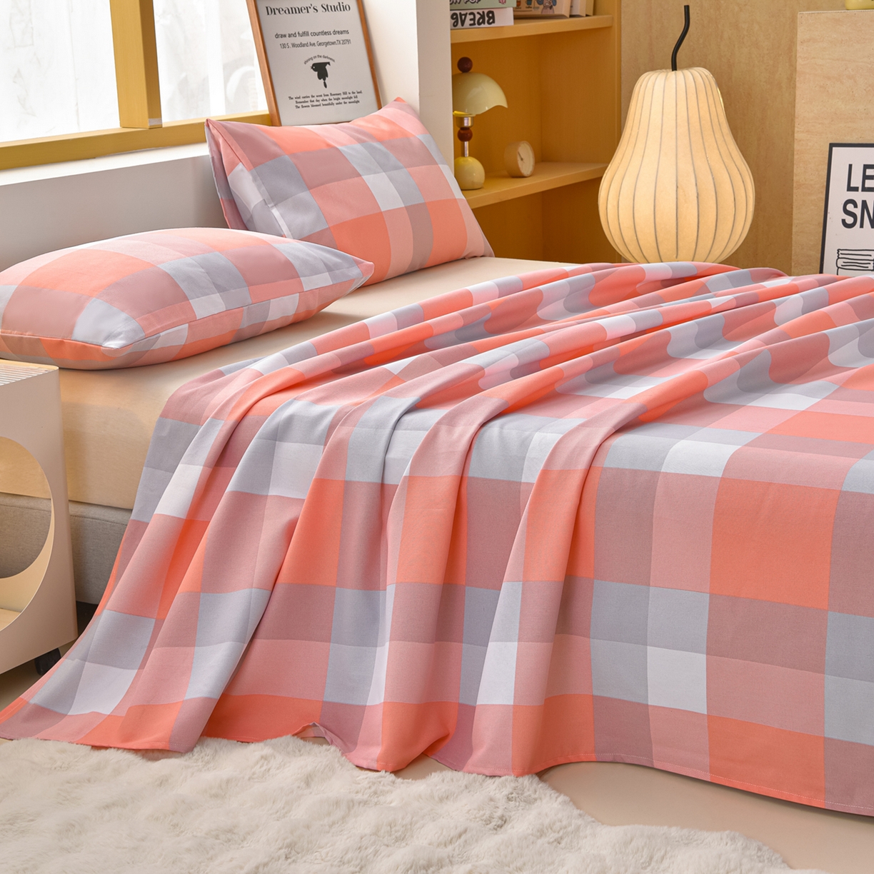 91家纺网 家纺一手货源 找家纺 曼尼 2026新款亲肤舒适原棉老粗布床单凉席三件套 粉大格