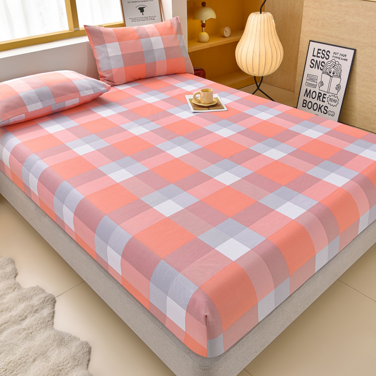 91家纺网 家纺一手货源 找家纺 曼尼 2026新款亲肤舒适原棉老粗布床单凉席三件套 粉大格