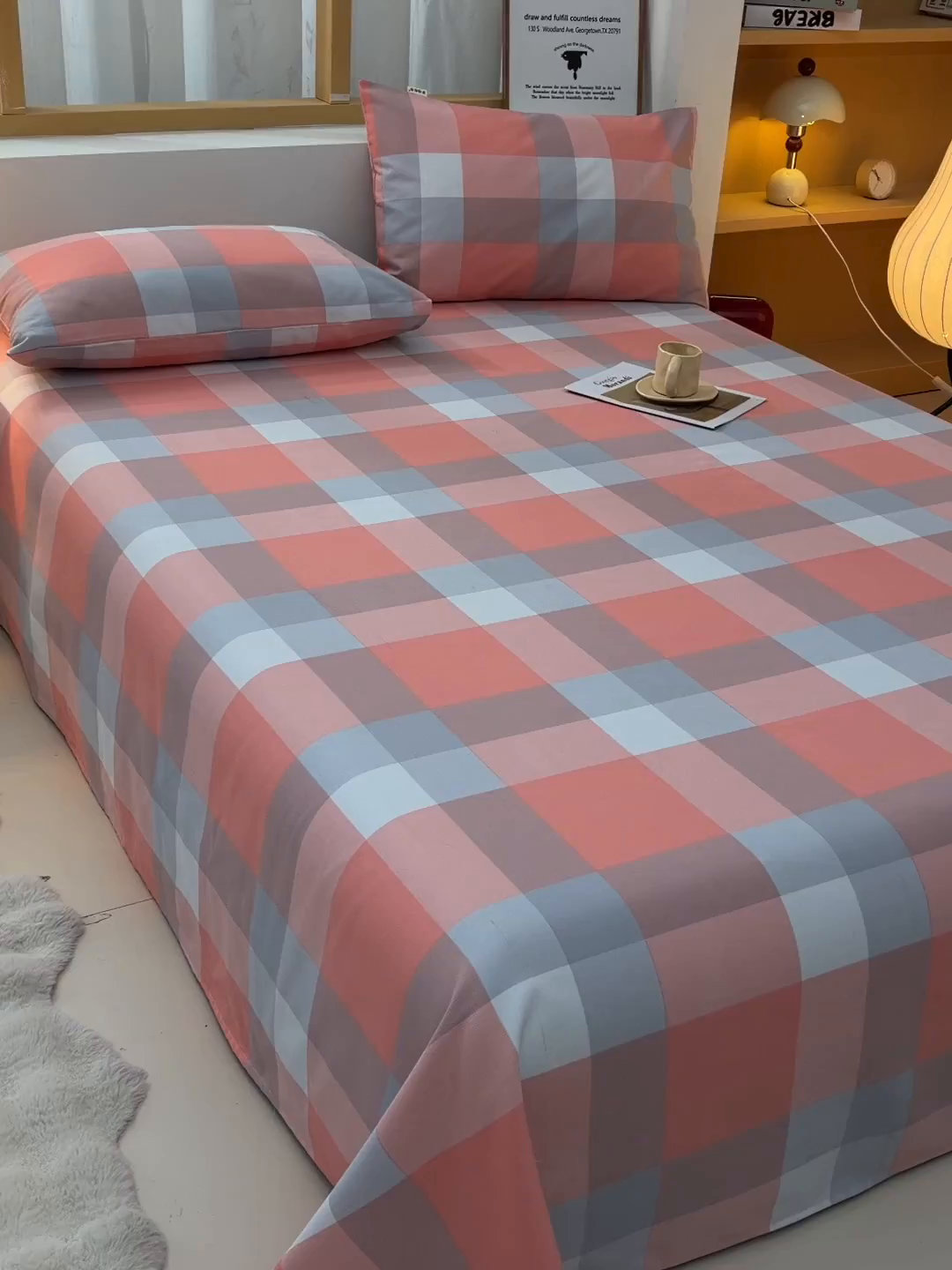 91家纺网 家纺一手货源 找家纺 曼尼 2026新款亲肤舒适原棉老粗布床单凉席三件套 粉大格