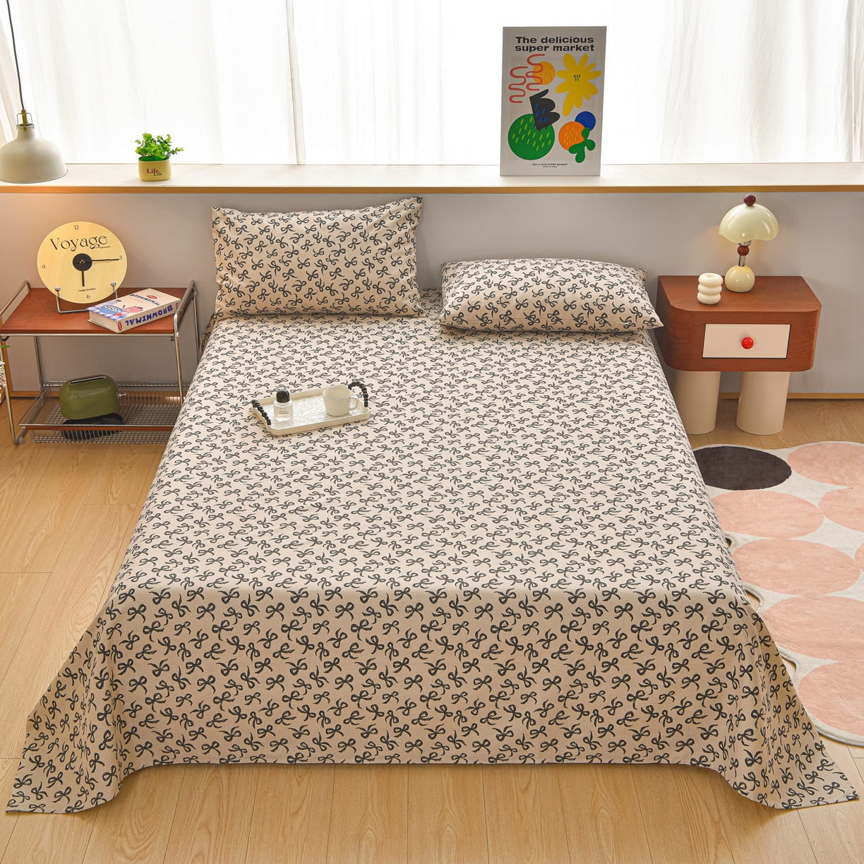 91家纺网 家纺一手货源 找家纺 曼尼 2026新款亲肤舒适原棉老粗布床单凉席三件套 蝴蝶结