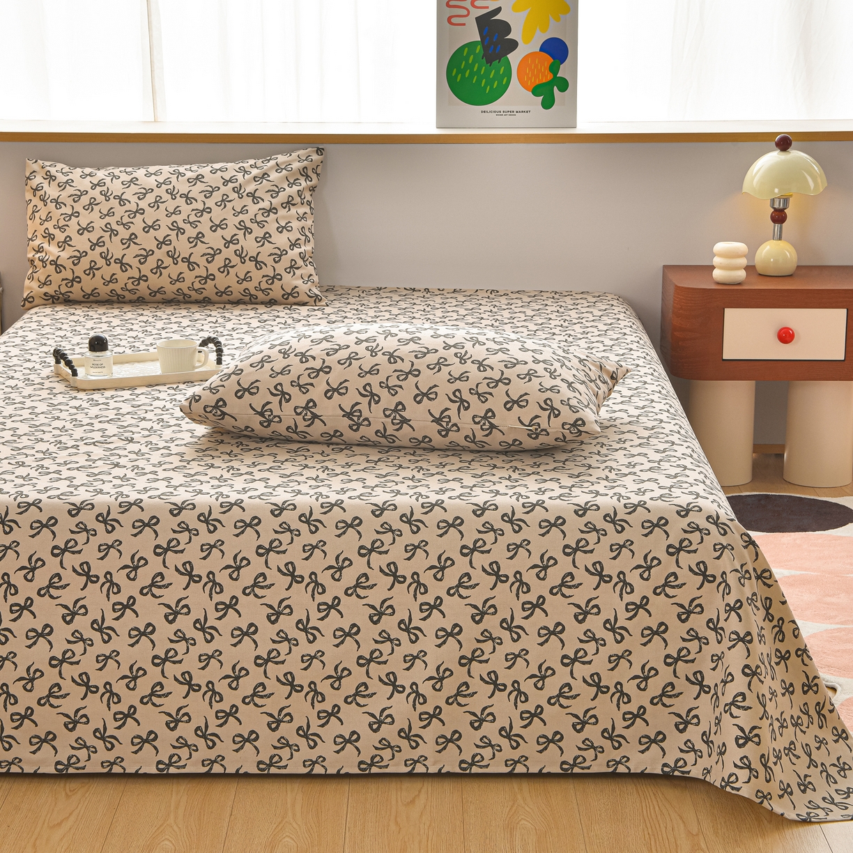 91家纺网 家纺一手货源 找家纺 曼尼 2026新款亲肤舒适原棉老粗布床单凉席三件套 蝴蝶结