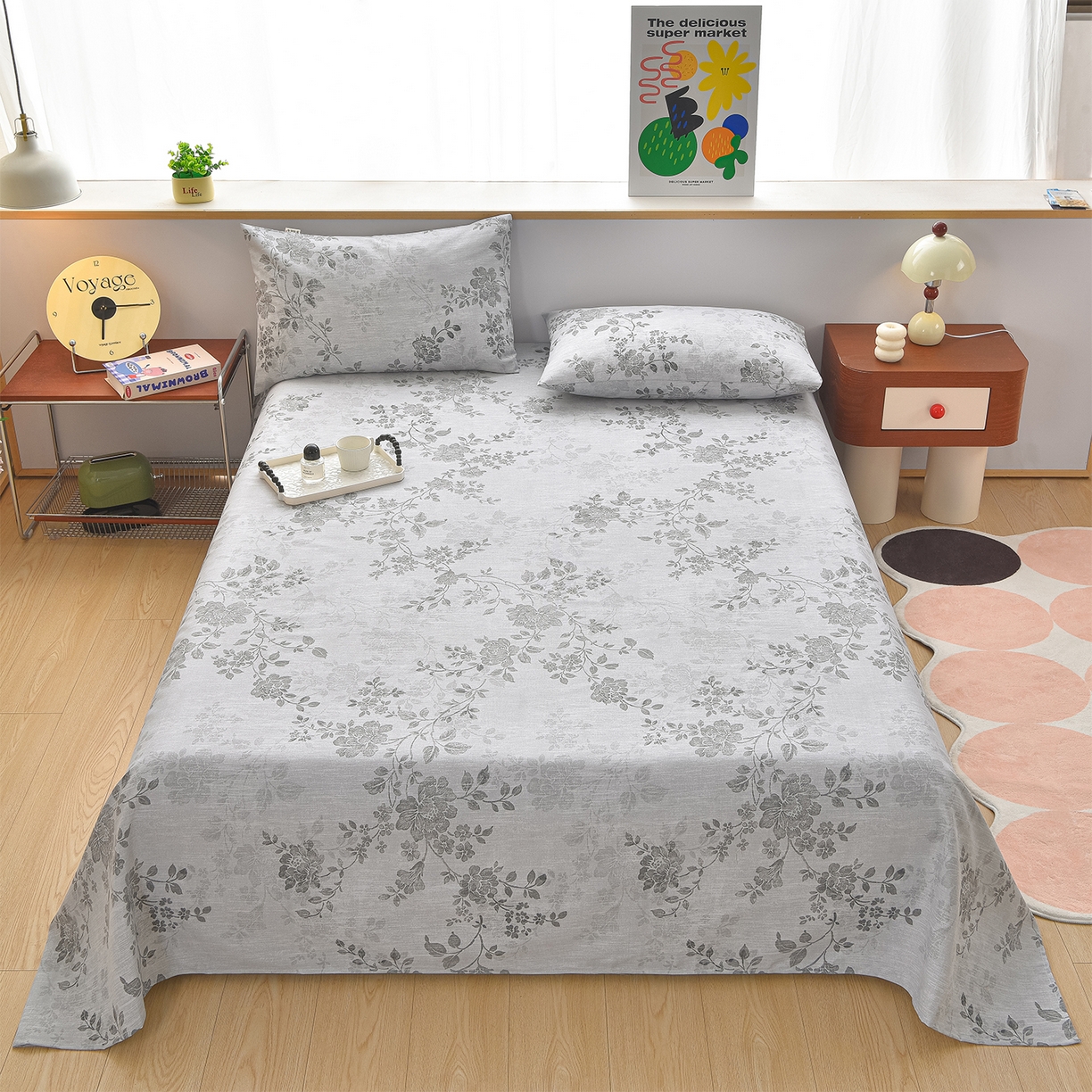 91家纺网 家纺一手货源 找家纺 曼尼 2026新款亲肤舒适原棉老粗布床单凉席三件套 花枝灰