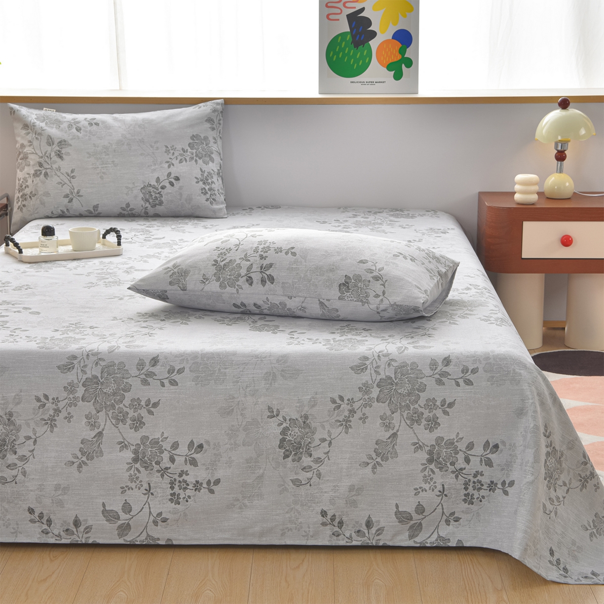 91家纺网 家纺一手货源 找家纺 曼尼 2026新款亲肤舒适原棉老粗布床单凉席三件套 花枝灰