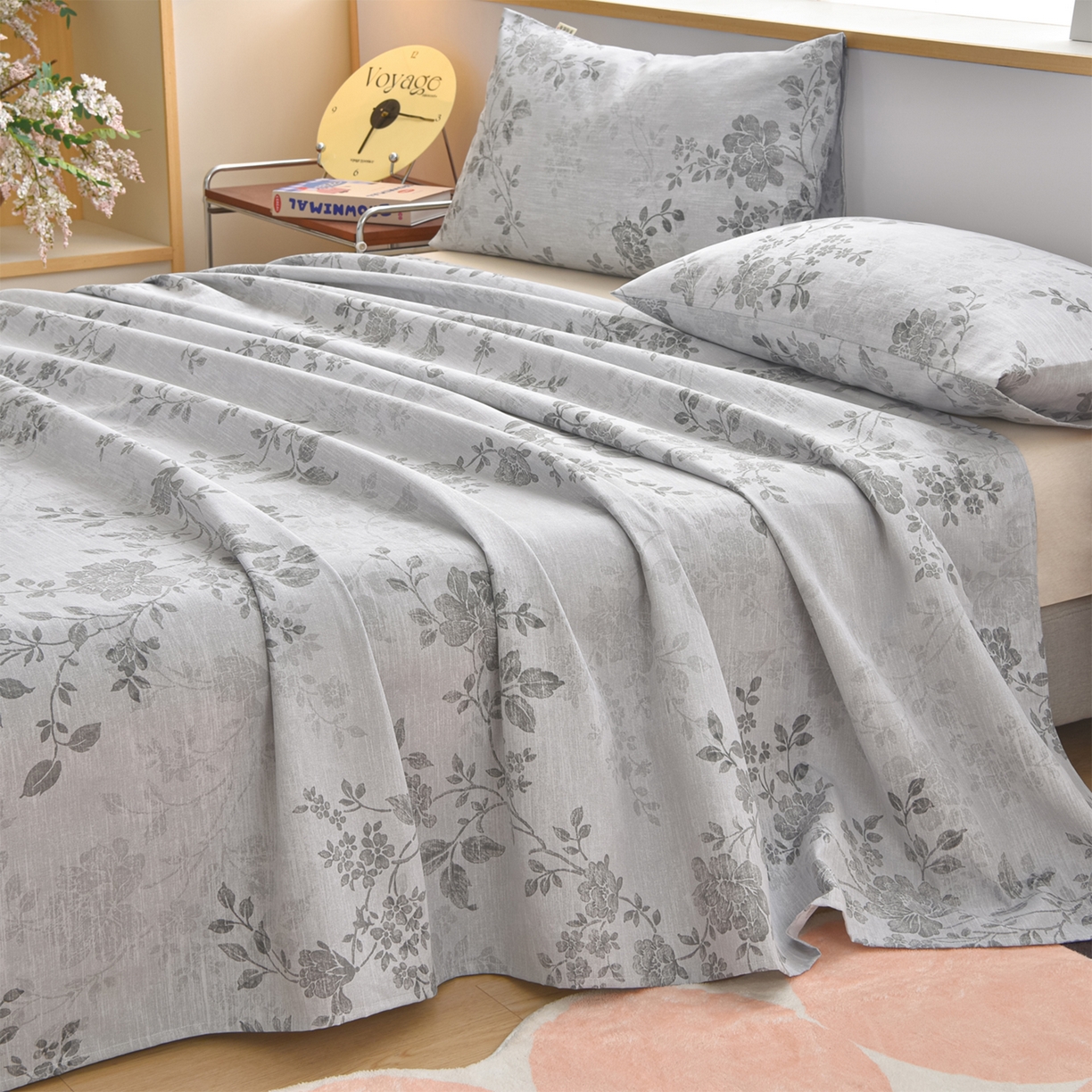 91家纺网 家纺一手货源 找家纺 曼尼 2026新款亲肤舒适原棉老粗布床单凉席三件套 花枝灰
