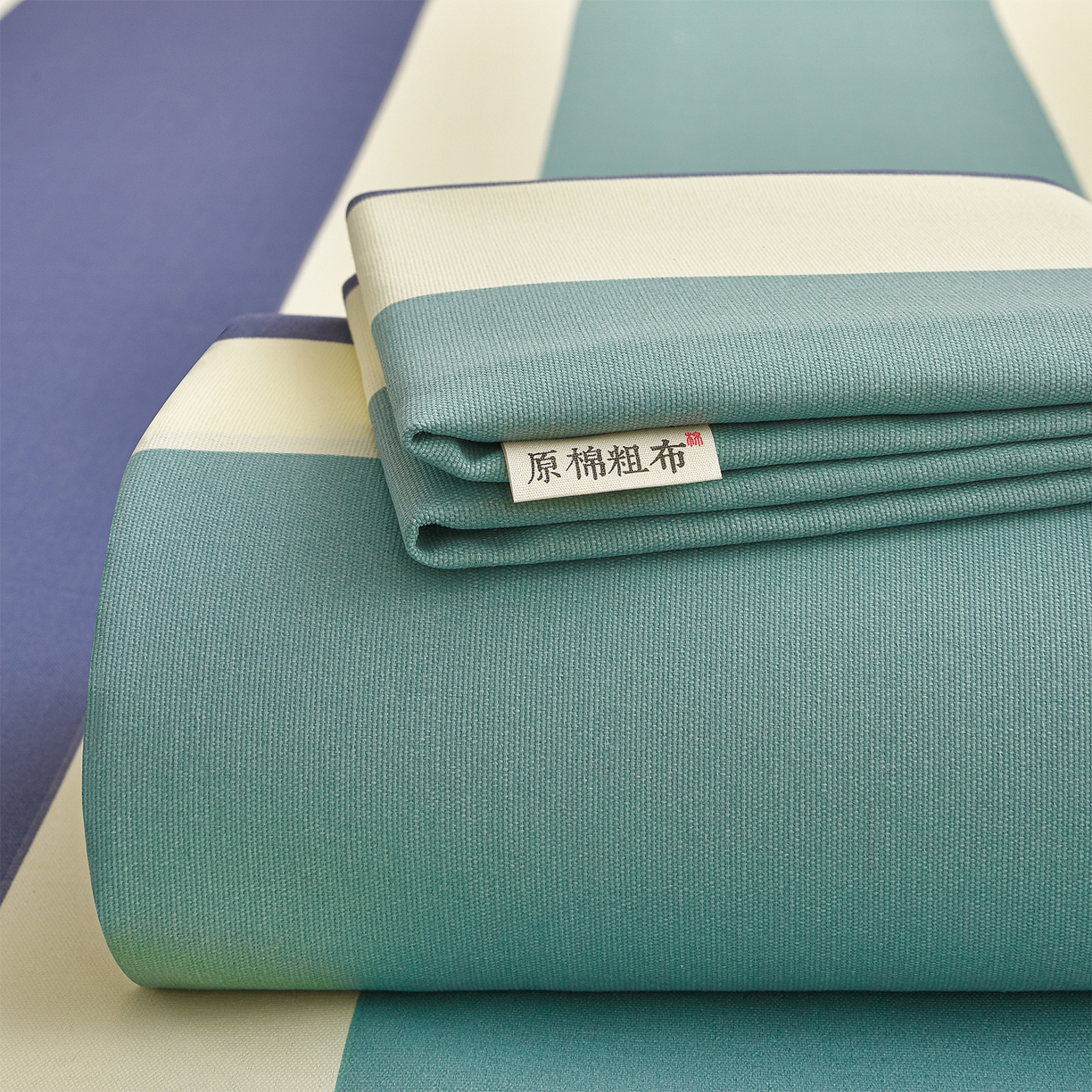 曼尼 2026新款亲肤舒适原棉老粗布床单凉席三件套 绿大格