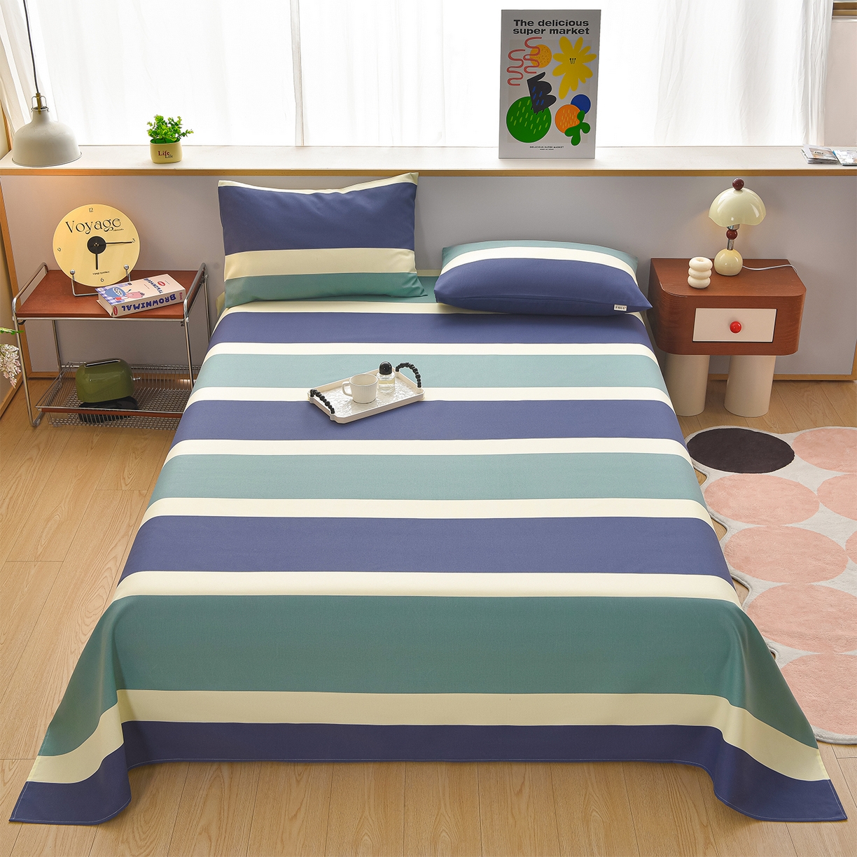 91家纺网 家纺一手货源 找家纺 曼尼 2026新款亲肤舒适原棉老粗布床单凉席三件套 绿大格