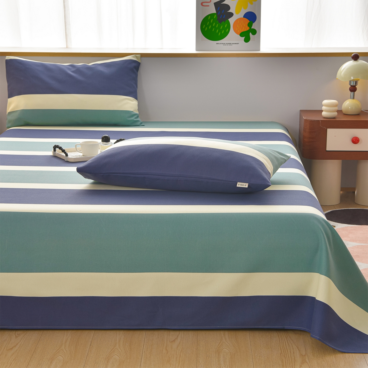 91家纺网 家纺一手货源 找家纺 曼尼 2026新款亲肤舒适原棉老粗布床单凉席三件套 绿大格