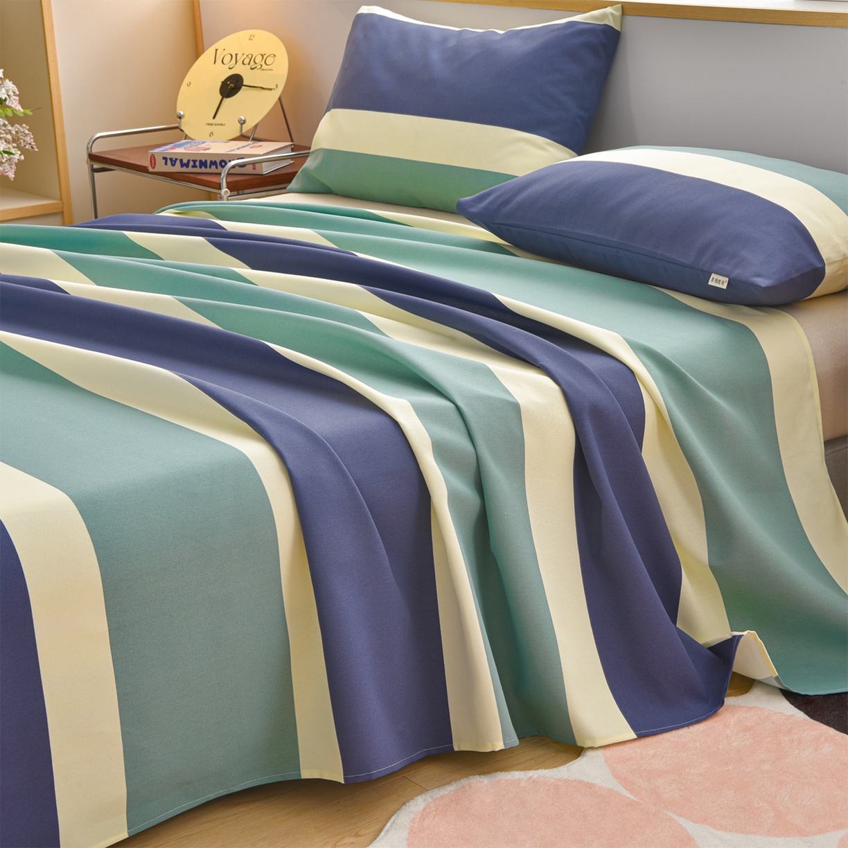 91家纺网 家纺一手货源 找家纺 曼尼 2026新款亲肤舒适原棉老粗布床单凉席三件套 绿大格