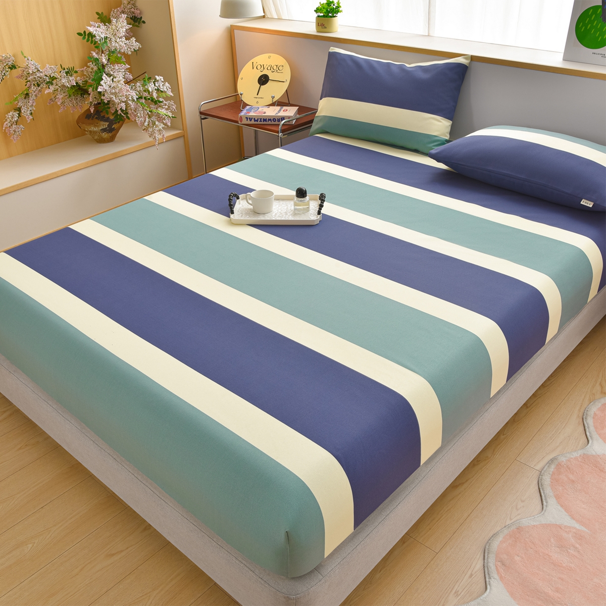 91家纺网 家纺一手货源 找家纺 曼尼 2026新款亲肤舒适原棉老粗布床单凉席三件套 绿大格