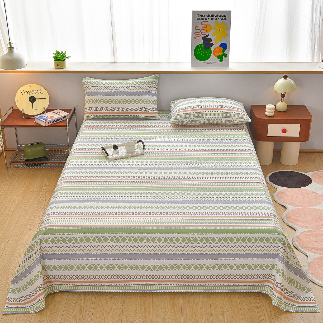 91家纺网 家纺一手货源 找家纺 曼尼 2026新款亲肤舒适原棉老粗布床单凉席三件套 罗马假日