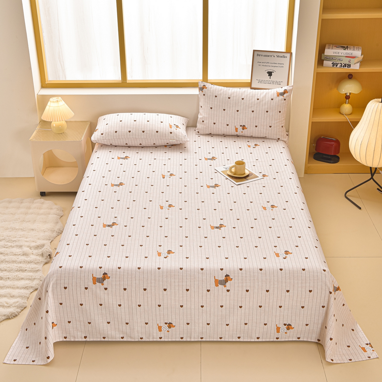 91家纺网 家纺一手货源 找家纺 曼尼 2026新款亲肤舒适原棉老粗布床单凉席三件套 萌萌狗