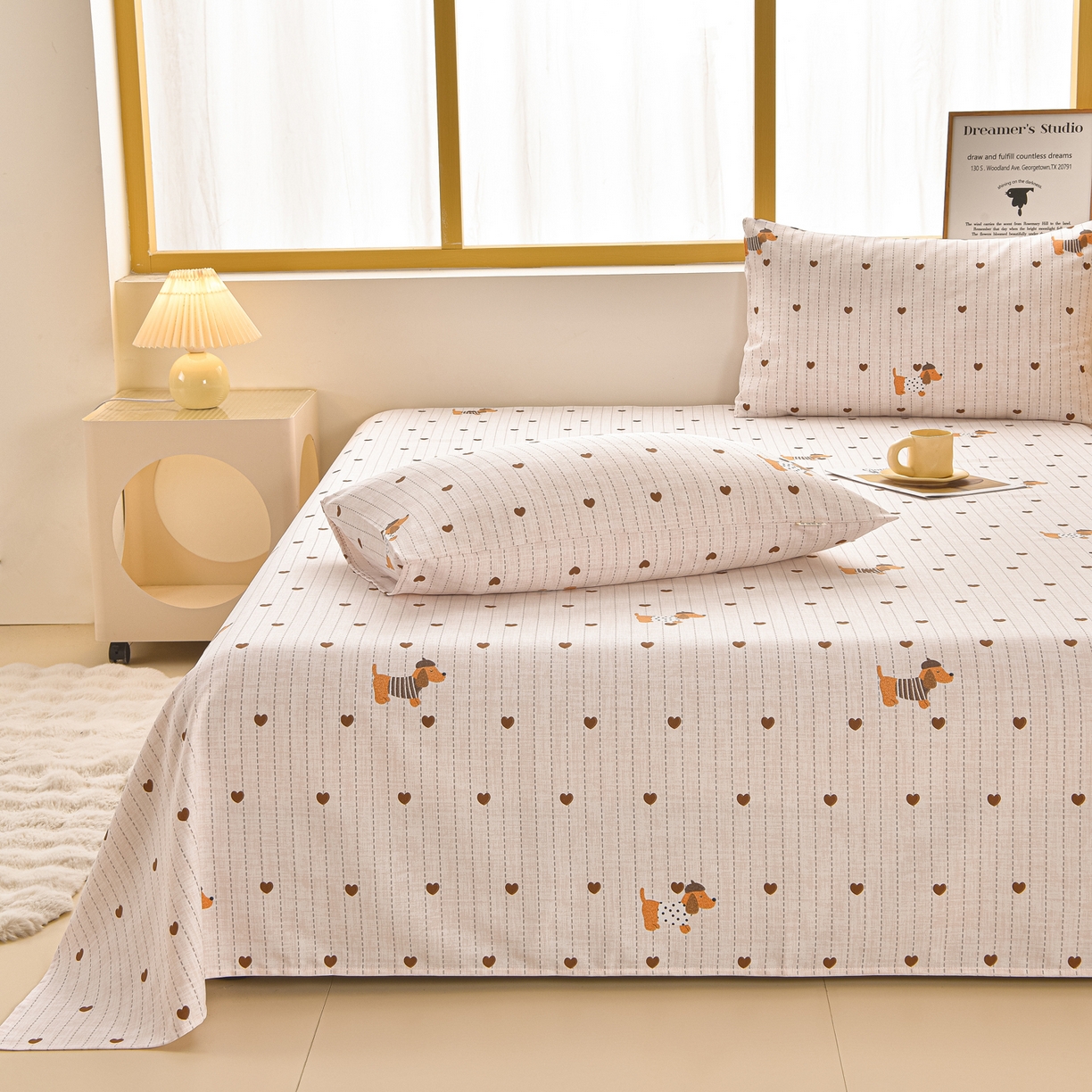 91家纺网 家纺一手货源 找家纺 曼尼 2026新款亲肤舒适原棉老粗布床单凉席三件套 萌萌狗