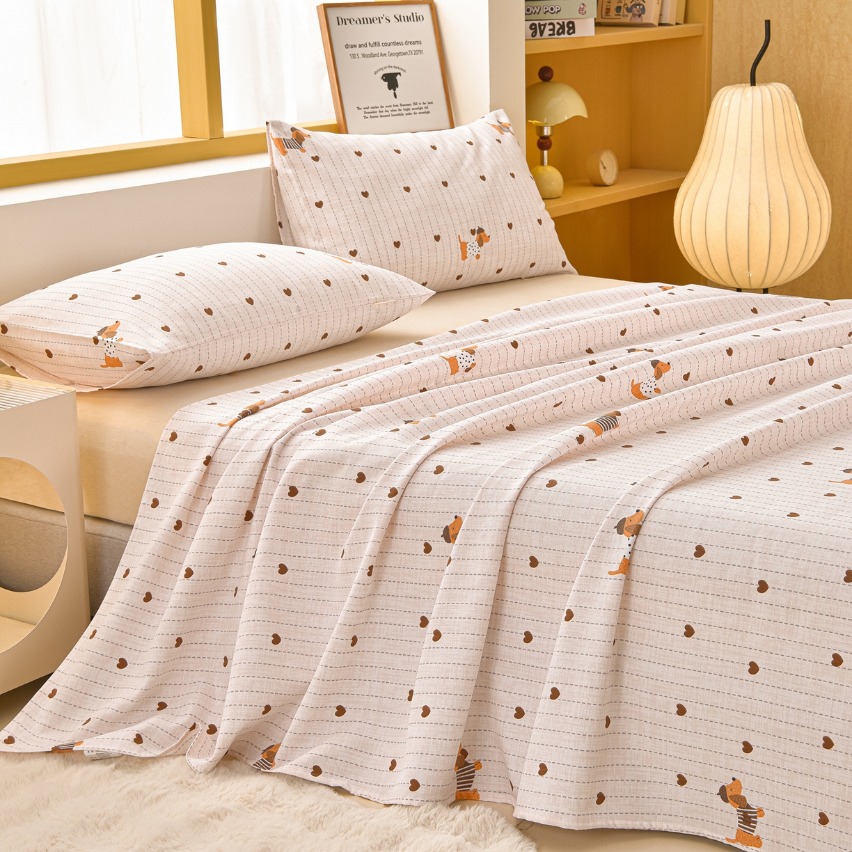 91家纺网 家纺一手货源 找家纺 曼尼 2026新款亲肤舒适原棉老粗布床单凉席三件套 萌萌狗