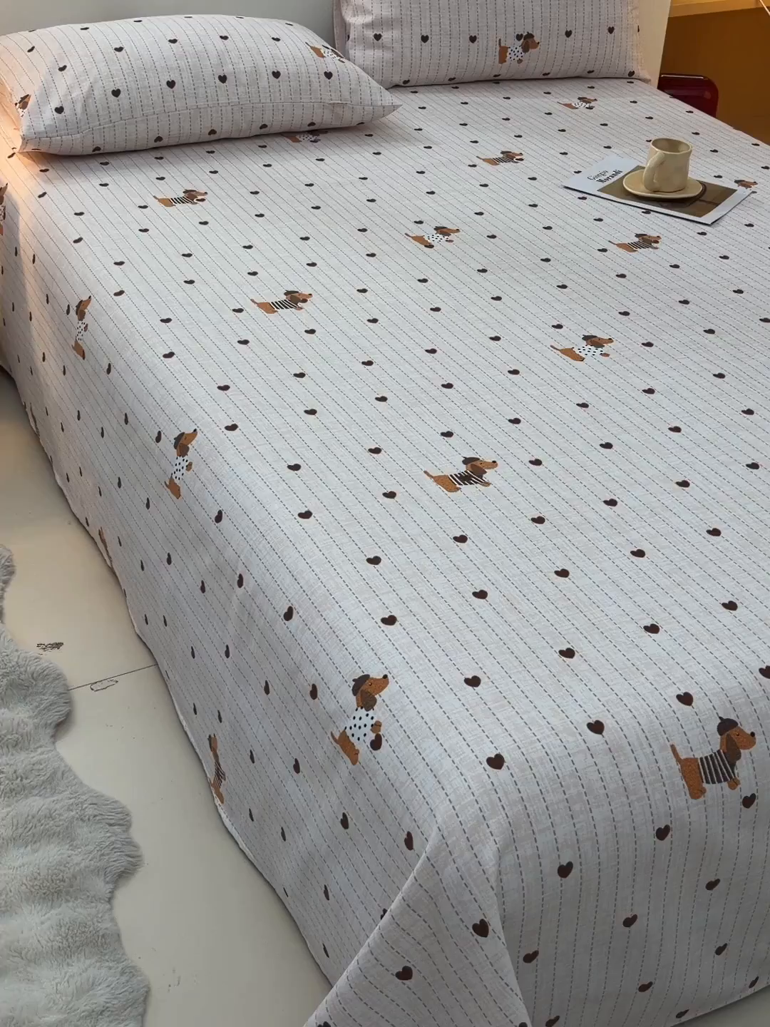 91家纺网 家纺一手货源 找家纺 曼尼 2026新款亲肤舒适原棉老粗布床单凉席三件套 萌萌狗