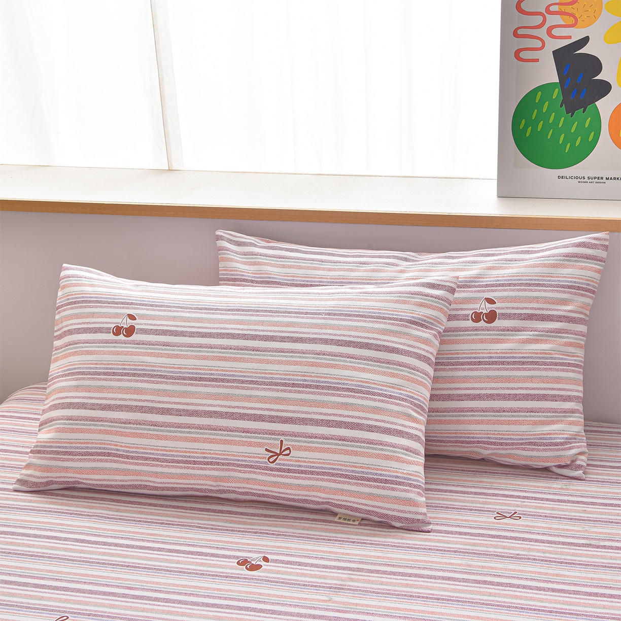 91家纺网 家纺一手货源 找家纺 曼尼 2026新款亲肤舒适原棉老粗布床单凉席三件套 蜜桃