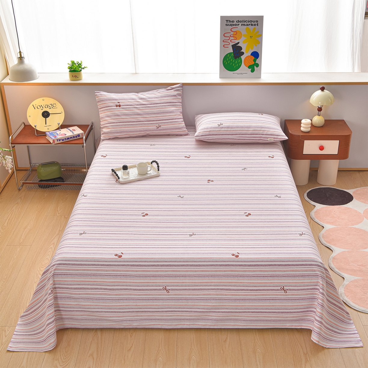 91家纺网 家纺一手货源 找家纺 曼尼 2026新款亲肤舒适原棉老粗布床单凉席三件套 蜜桃